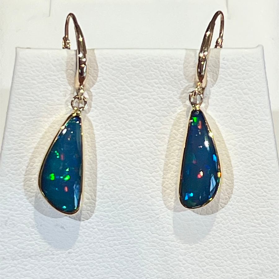 Deep blue Ethiopian opal drop earrings in 22k gold bezels